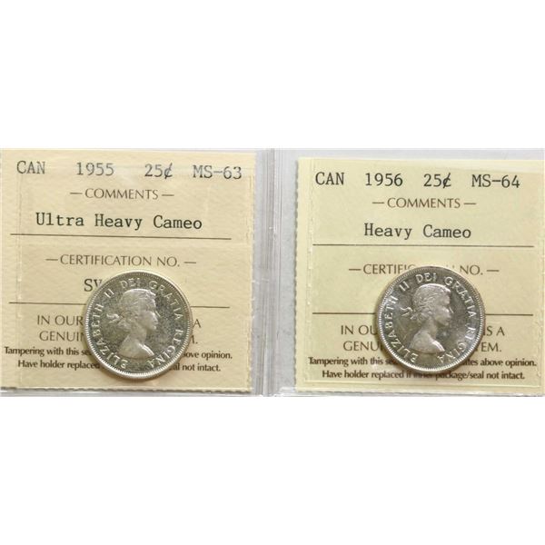 1955 25¢ Ultra Heavy Cameo, 1956 Heavy Cameo Both coins ICCS Choice Mint State-63 & Very Choice Mint