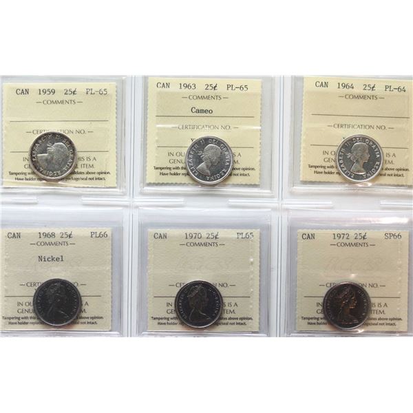 1959 25¢, 1963 Cameo, 1964, 1968 "Nickel", 1970, 1972 All 6 coins ICCS Choice Proof-Like-64 to Super