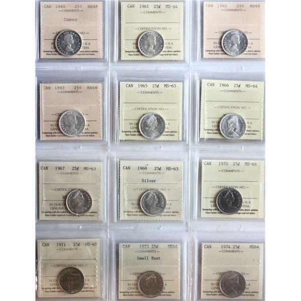 1960-1979 25¢  All 18 coins ICCS Choice Mint State-63 to Gem Mint State-65.  Includes some interesti