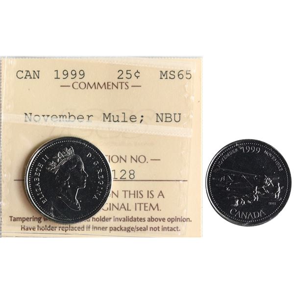 1999 25¢ "November - Mule" ICCS Gem Mint State-65-NBU
