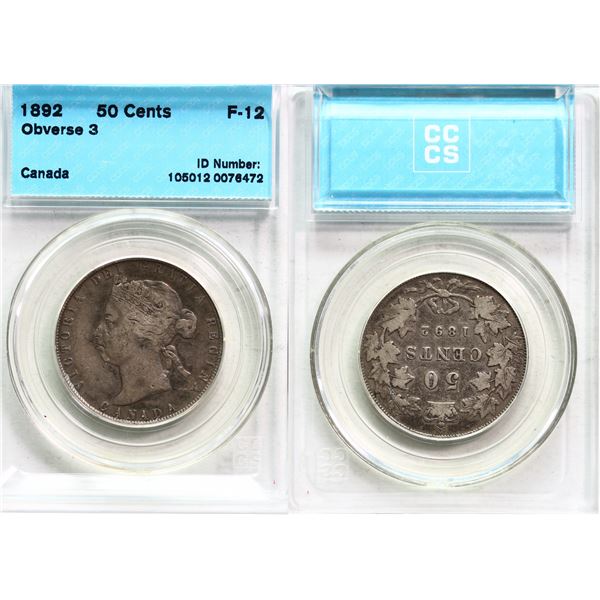 1892 50¢ "Obv.3" CCCS Fine-12, Scarcer obverse