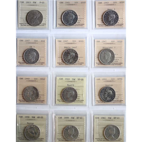 1913-1961 50¢ All ICCS Choice Fine-15 to Choice About Uncirculated-55.  Includes 1947 "ML", 1949 "Ho