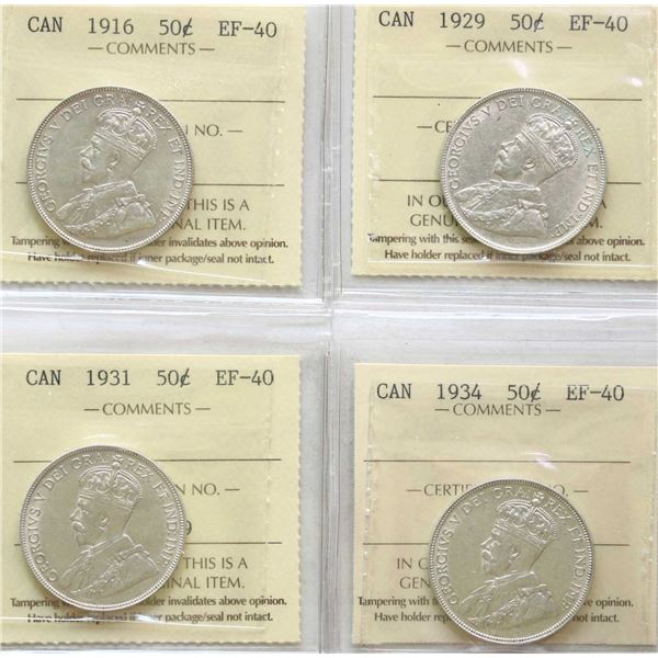 1916 50¢, 1929, 1931, 1934 All 4 coins ICCS Extra Fine-40.  A very nice and attractive coin lot.
