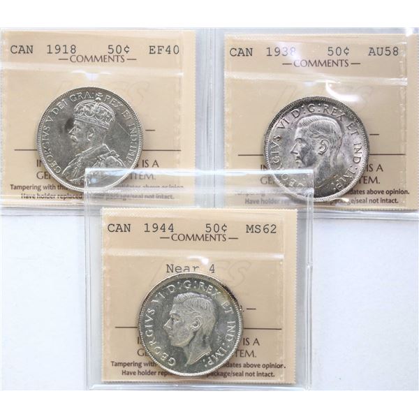 1918 50¢, 1938, 1944 "Near 4", All 3 coins ICCS Extra Fine-40 to Choice Mint State-62.