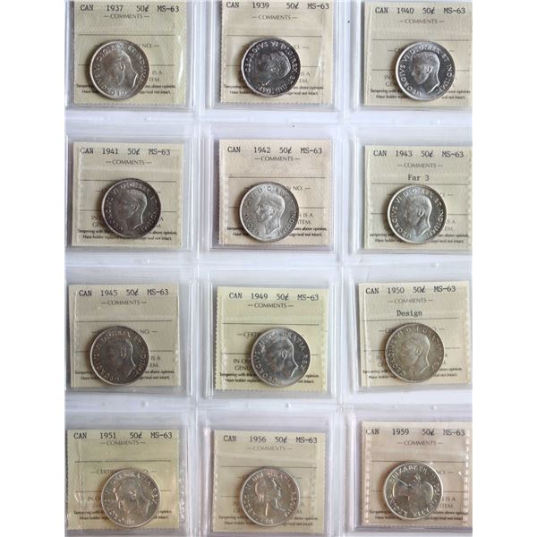 1937 50¢, 1939, 1940, 1941, 1942, 1943 "Far 3", 1945, 1949, 1950 "Design", 1951, 1956, 1959 All 12 c