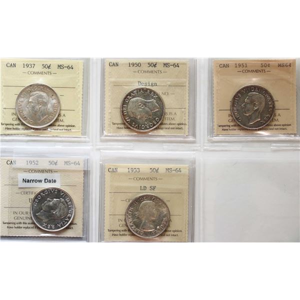 1937 50¢, 1950 "Design", 1951, 1952 "Narrow date", 1953 "LD SF" All 5 coins ICCS Very Choice Mint St