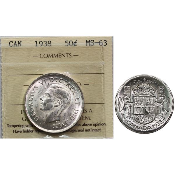 1938 50¢ ICCS Choice Mint State-63 Brilliant and lustrous.