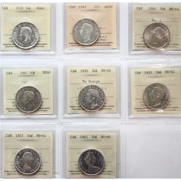 1938 50¢, 1942, 1944 "Far 4", 1947 "CR 7", 1950 "No design", 1952, 1957, 1965.  All 8 coins ICCS Min