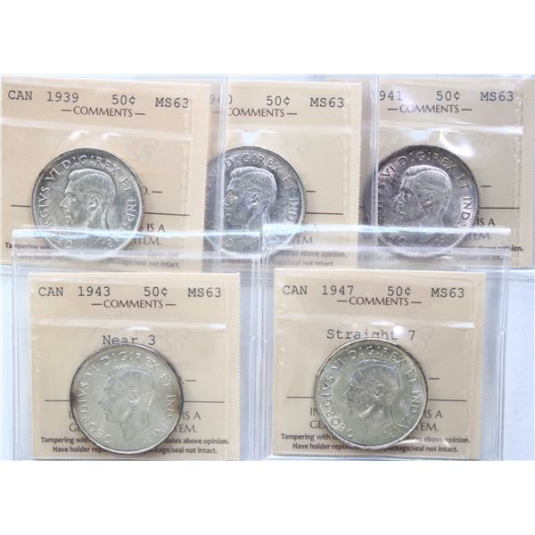 1939 50¢ , 1940, 1941, 1943 "Near 3", 1947 "Straight 7", All 5 coins ICCS Choice Mint State-63.