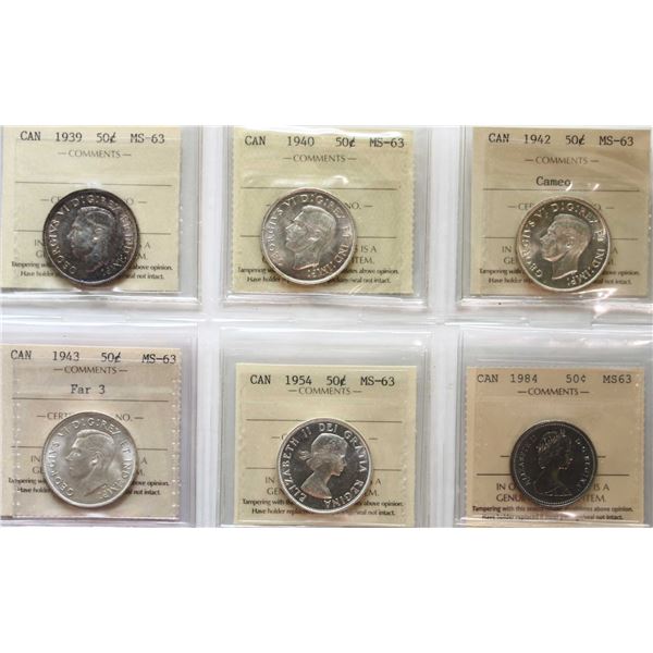 1939 50¢, 1940, 1942 CAMEO, 1943 "Far 3", 1954, 1984 All 6 coins ICCS Choice Mint State-63.