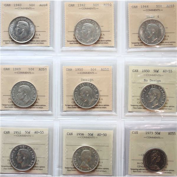 1940-1973 50¢ All 9 coins ICCS About Uncirculated-50 to Choice About Uncirculated-58. Includes 1950 