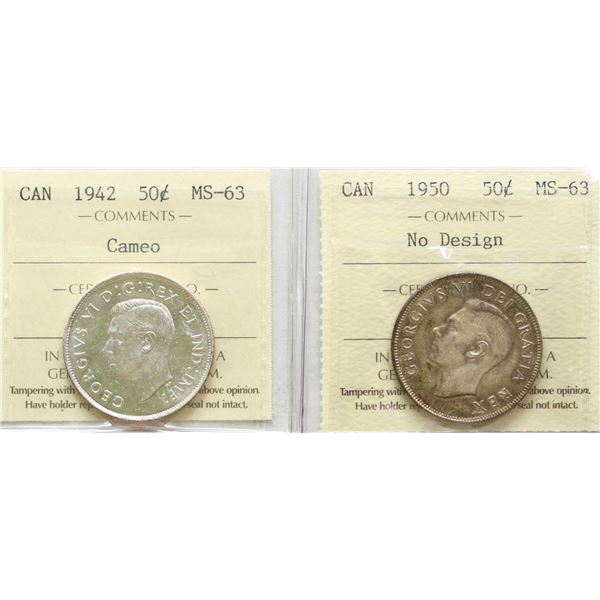 1942 50¢ Cameo, 1950 "No Design" Both coins ICCS Choice Mint State-63.
