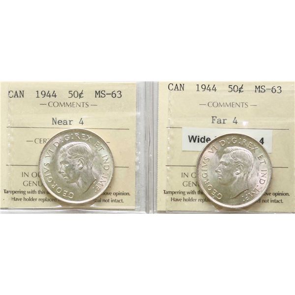 1944 50¢  "Near 4", 1944 "Far 4" Both coins ICCS Choice Mint State-63.