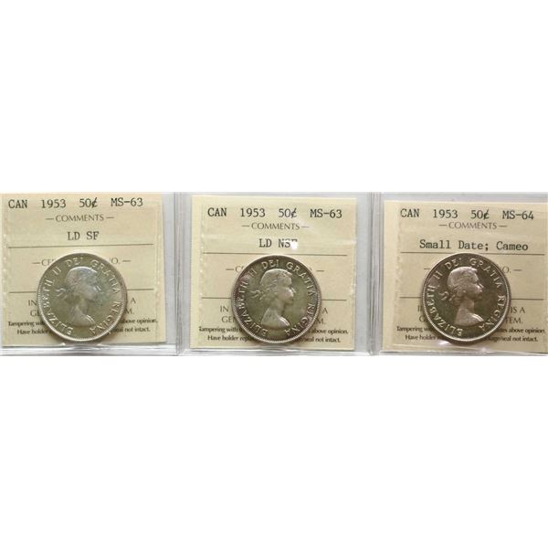 1953 50¢ "LD SF", 1953 "LD NSF", 1953 "SD" Cameo All 3 coins ICCS Choice Mint State-63 to Very Choic