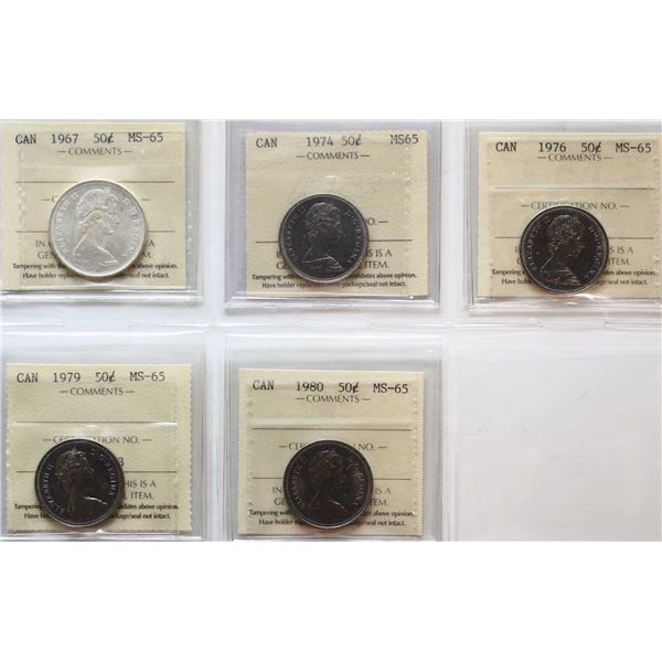 1967 50¢, 1974, 1976, 1979, 1980 All 5 coins ICCS Gem Mint State-65.