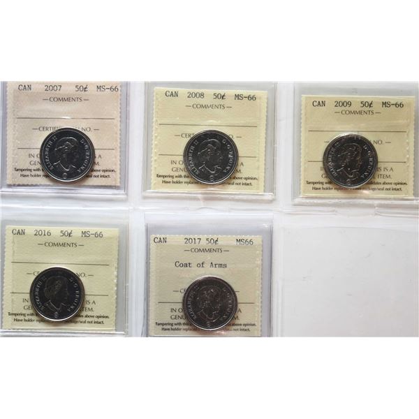 2007 50¢, 2008, 2009, 2016, 2017 "Coat of Arms" All 5 coins ICCS Superb Gem Mint State-66