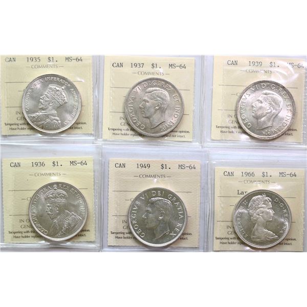 1935 $1, 1936, 1937, 1939, 1949, 1966 "LB", All 6 coins ICCS Very Choice Mint State-64.  Brilliant a