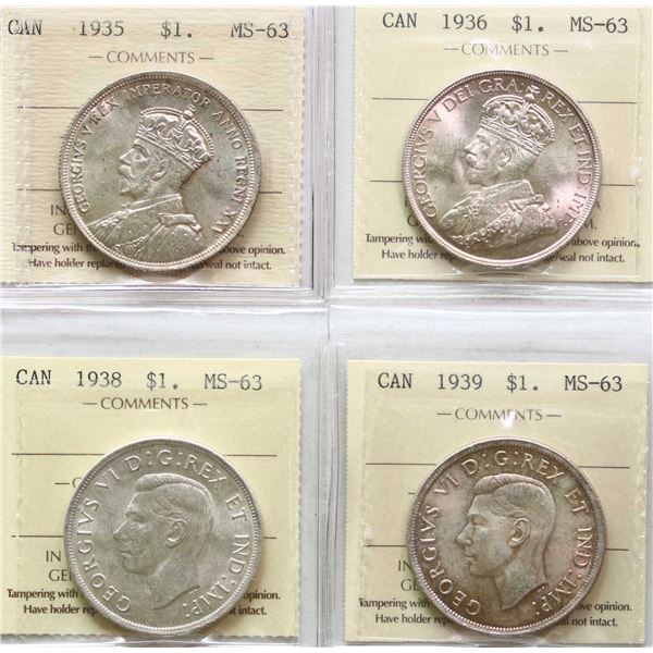 1935 $1, 1936, 1938, 1939 All 4 coins ICCS Choice Mint State-63.
