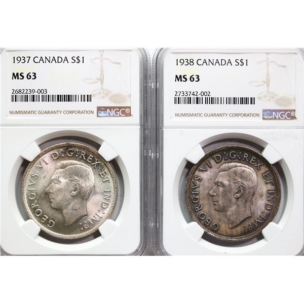 1937 $1, 1938 Both coins NGC Choice Mint State-63, Lot of 2 nice coins.