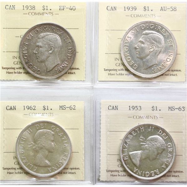 1938 $1, 1939, 1953 "NSF", 1962 All 4 coins ICCS Extra Fine-40 to Choice Mint State-63.