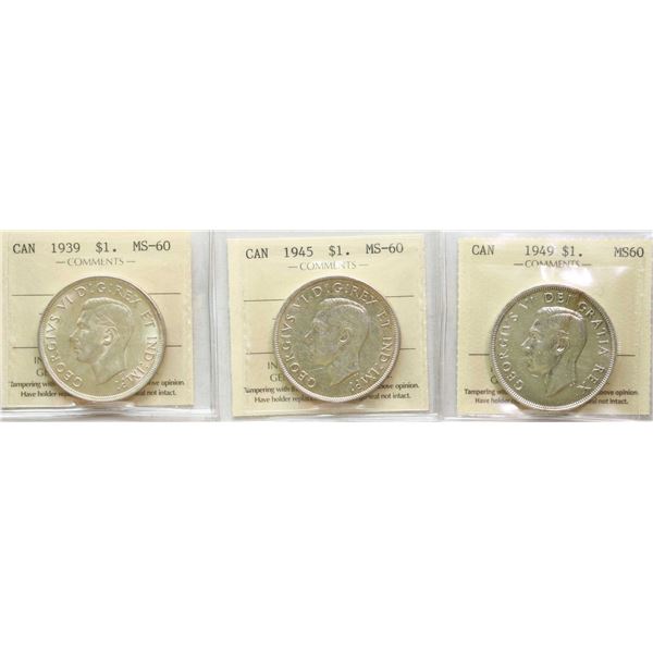 1939 $1, 1945, 1949 All 3 coins ICCS Mint State-60.