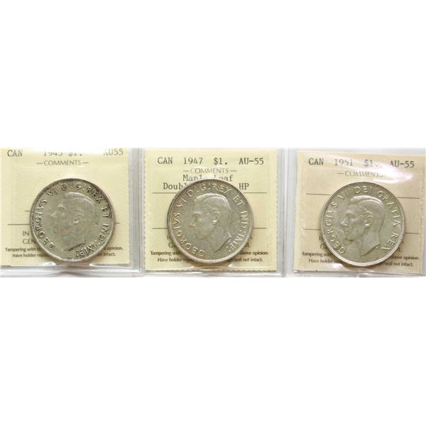 1945 $1, 1947 "ML - 2 X HP", 1951 "Arnprior" All 3 coins ICCS Choice About Uncirculated-55.