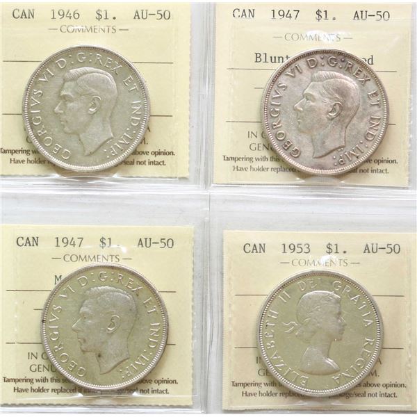 1946 $1, 1947 "BLUNT 7" Cleaned, 1947 "ML", 1953 "SF", All 4 coins ICCS About Uncirculated-50.