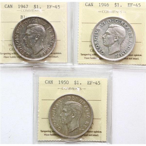 1947 $1 "Blunt 7", 1946, 1950 "Arnprior" All 3 coins ICCS Choice Extra Fine-45.