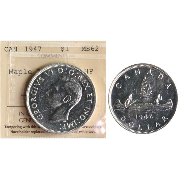 1947 $1 "ML - 2X HP" ICCS Choice Mint State-62 Brilliant and lustrous