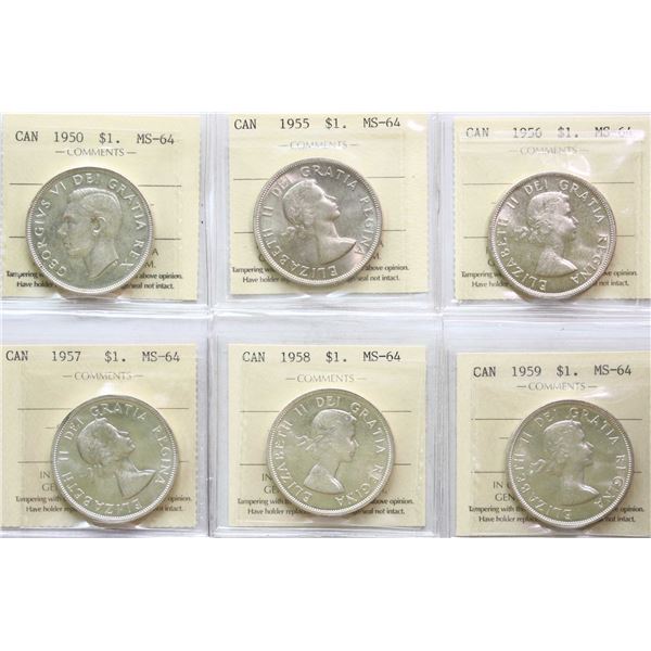 1950 $1 "SWL", 1955, 1956, 1957, 1958, 1959, 1963, 1965 "SB P5", 1966 "LB" All 9 coins fully brillia