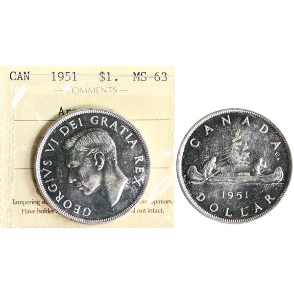 1951 $1 "Arnprior" ICCS Choice Mint State-63 Fully brilliant and lustrous.