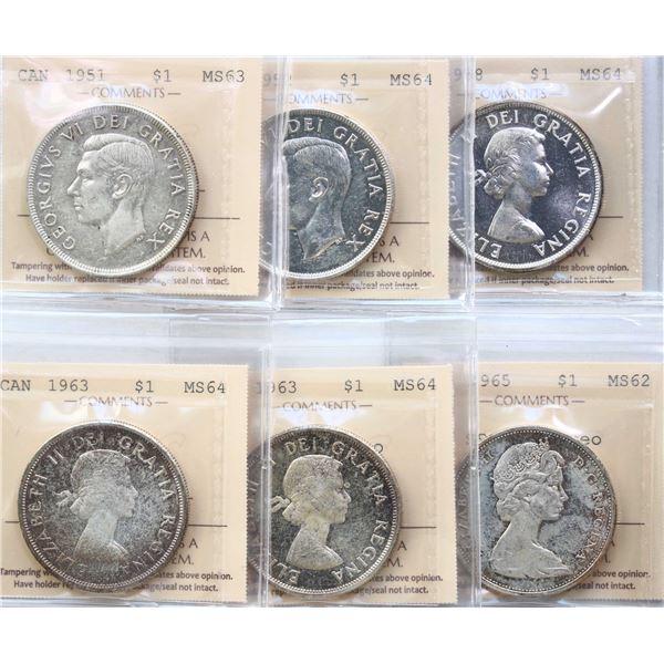 1951 $1 "SWL", 1952, "WL", 1958, 1963 (2), 1965 "SB B5", All 5 coins ICCS  Choice Mint State-62 to V