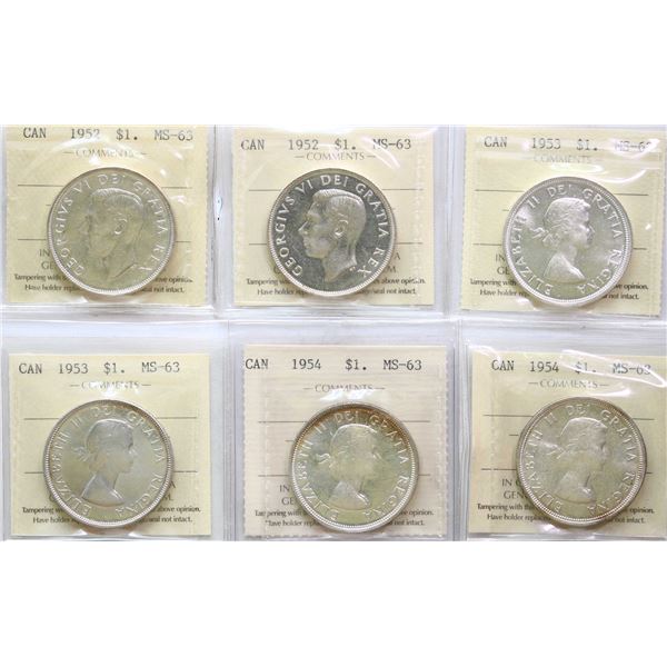 1952 $1 "WL", 1952 "SWL", 1953 "SF", 1953 "NSF", 1954, 1954 "SWL" All 6 coins ICCS Choice Mint State