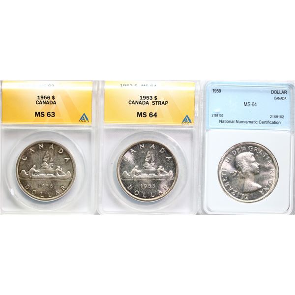 1953 $1 "SF", 1956, 1959, Lot of 3 certified coins Choice Mint State-63 to Very Choice Mint State-64
