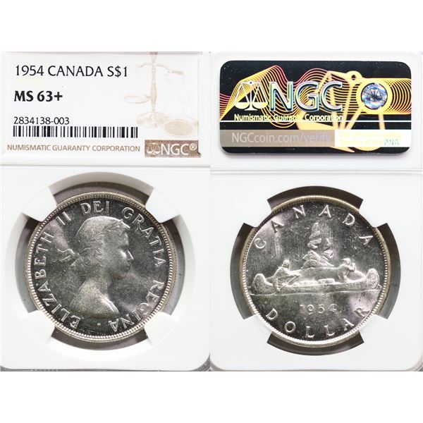 1954 $1 "SWL" (Not noted on holder) NGC Very Choice Mint State-63+, Fully brilliant.