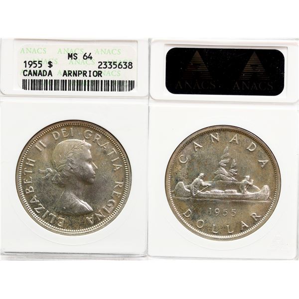 1955 $1 "Arnprior - No D/B" ANACS Very Choice Mint State-64, Brilliant and lustrous with hint of gol