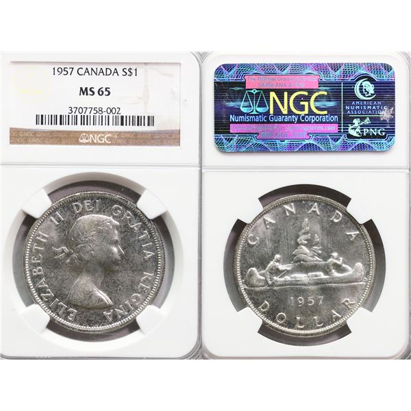 1957 $1 "WL" NGC Gem Mint State-65, Brilliant and lustrous.  Hard to find in top condition. BV $1100