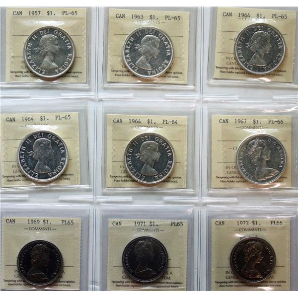 1957 $1, 1963, 1964 (3), 1967, 1969, 1971, 1972, All 9 coins ICCS Choice Proof-Like-64 to Superb Gem