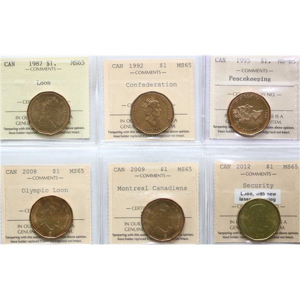 1987 $1 "Loon", 1992 "Conf", 1995 "Peacekeeping", 2008 "Olympic loon", 2009 "Montreal canadiens", 20