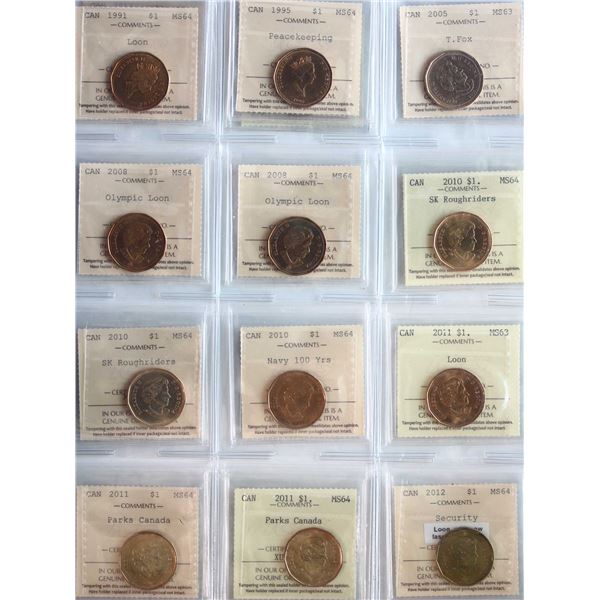 1991-2019 $1 "Loon" All 17 coins ICCS Choice Mint State-63 to Very Choice Mint State-64.