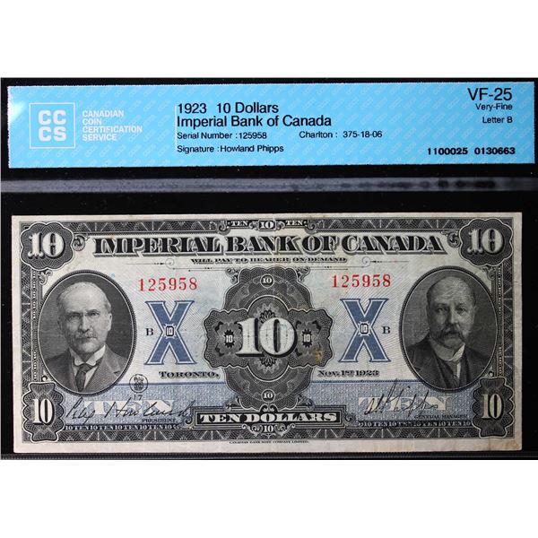 Imperial Bank of Canada 1923 $10 #125958 CH-375-18-06 CCCS VF25