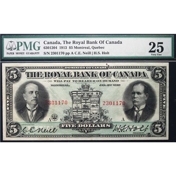 The Royal Bank of Canada 1913 $5 #2301170 CH-630-12-04 PMG VF25