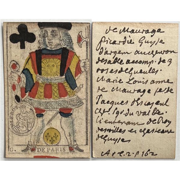 French Colonial Issue Playing Card; "Jacks of Clubs" with French Hand Written on the back.
