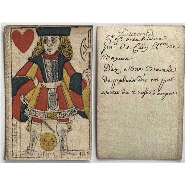 French Colonial Issue Playing Card; "Jacks of Harts" with French Hand Written on the back.