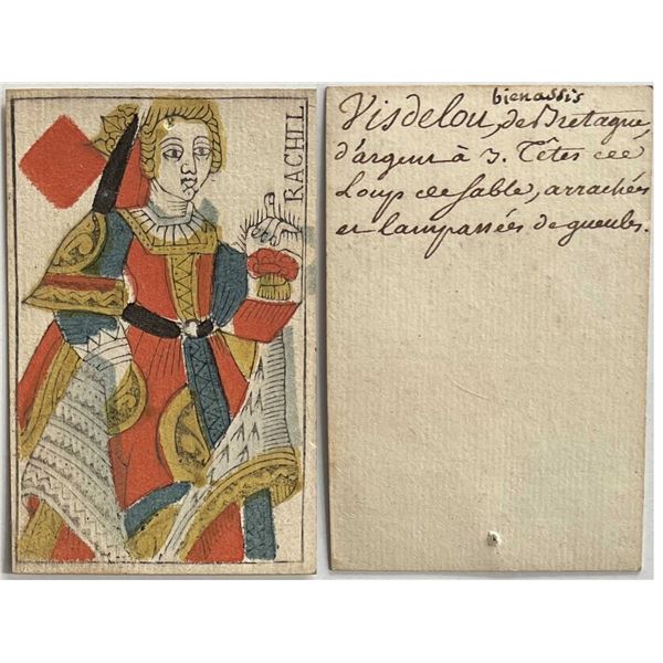 French Colonial Issue Playing Card; "Queen of Diamonds" with French Hand Written on the back.