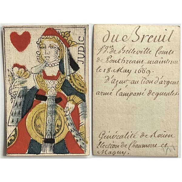 French Colonial Issue Playing Card; "Queen of Harts" with French Hand Written on the back.