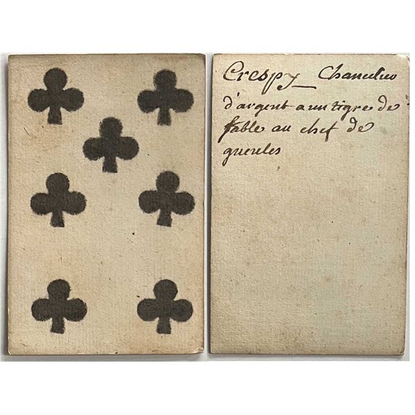 French Colonial Issue Playing Card; "Seven of Clubs" with French Hand Written on the back.