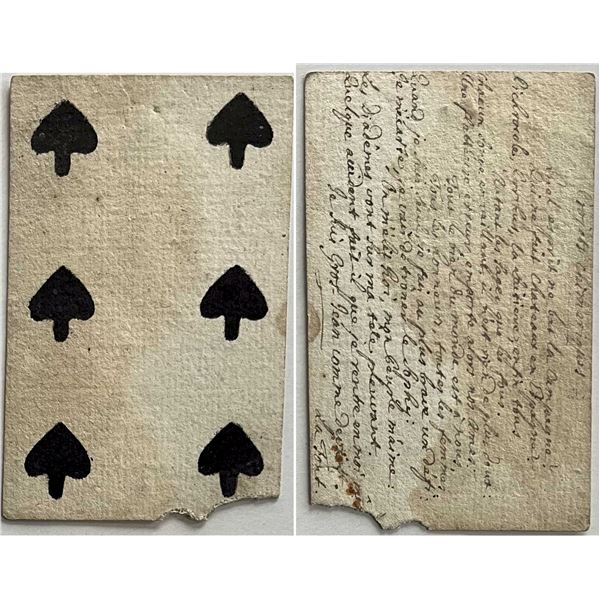 French Colonial Issue Playing Card; "Six of Spades" with French Hand Written on the back.