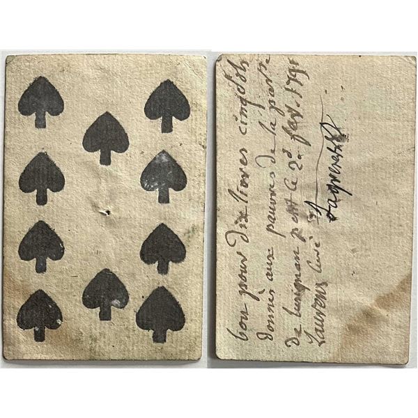 French Colonial Issue Playing Card; "Ten of Spades" with French Hand Written on the back.