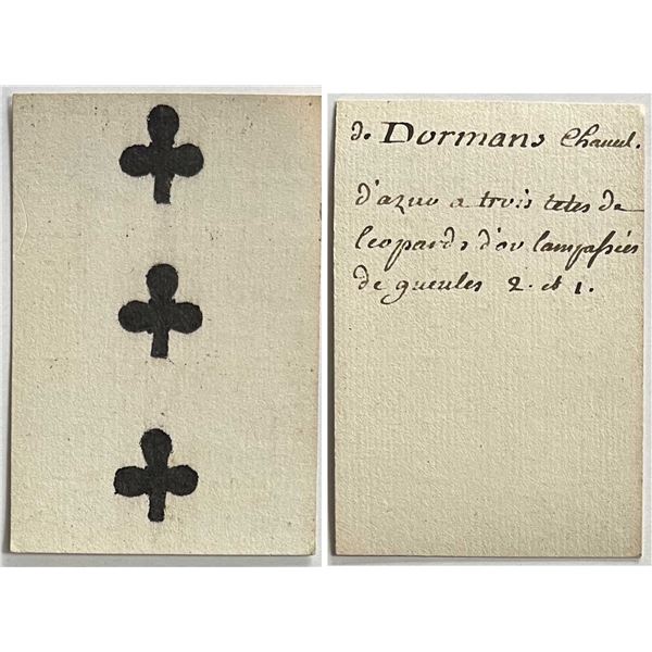 French Colonial Issue Playing Card; "Three of Clubs" with French Hand Written on the back.